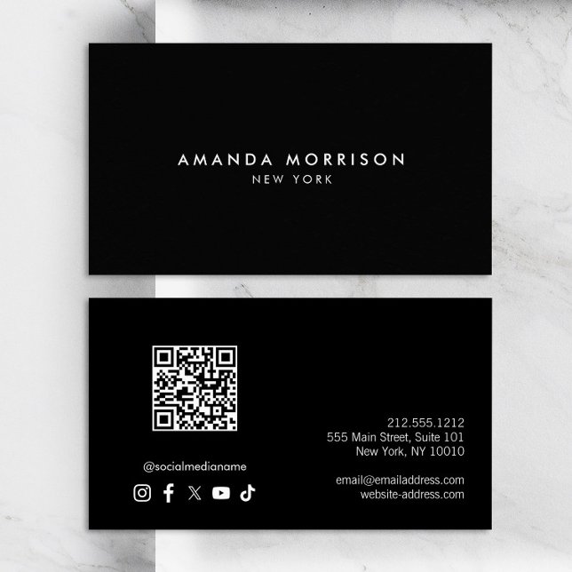 Minimalist Luxury Black QR Code Social Media Business Card (Creator Uploaded)