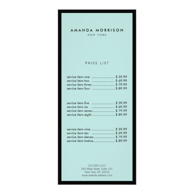 Minimalist Luxury Boutique Black/Mint Rack Card (Front)