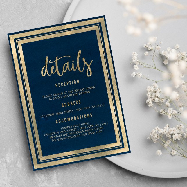 Minimalist luxury gold navy blue wedding Details  Invitation (Minimalist luxury gold navy blue wedding Details )