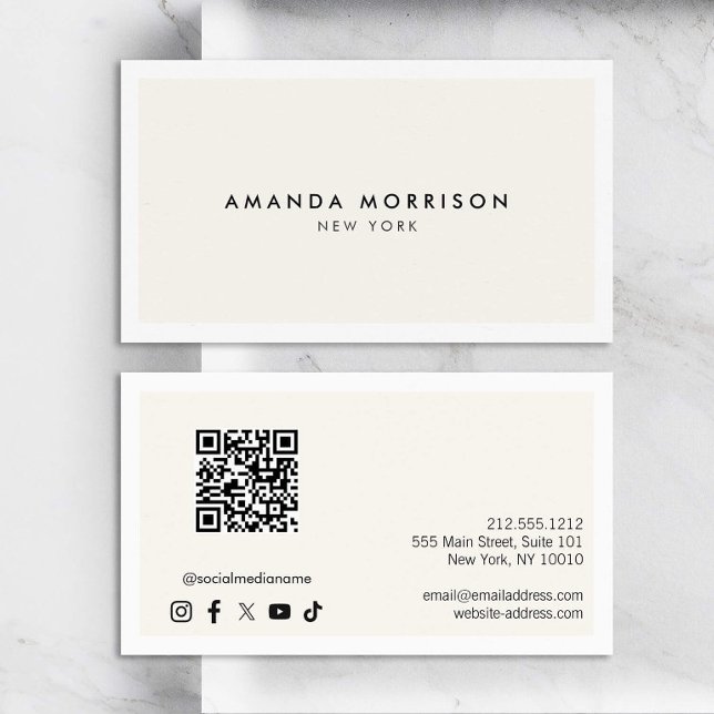 Minimalist Luxury White/Ivory QR Code Social Media Business Card (Creator Uploaded)