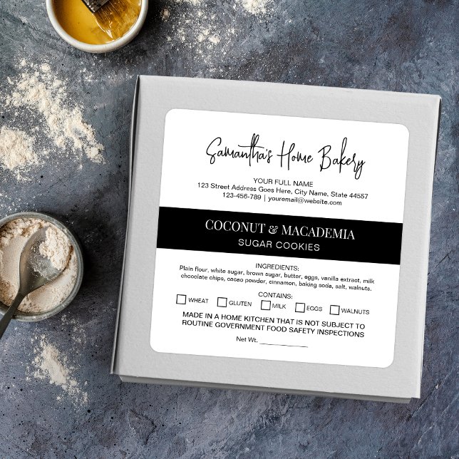 Minimalist Made In A Home Kitchen Ingredients Square Sticker (Minimalist home bakery food labels with ingredients and allergens)