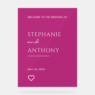 Minimalist Magenta And White Heart Modern Wedding  Acrylic Sign