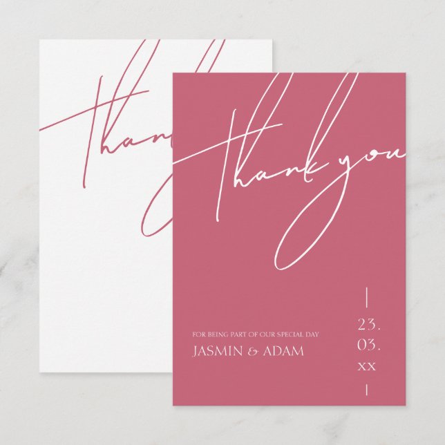Minimalist Magenta Pink Script Typography Wedding Thank You Card (Front/Back)