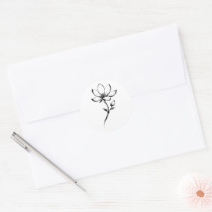 Minimalist Magnolia Ink Brushstroke Art on Classic Round Sticker