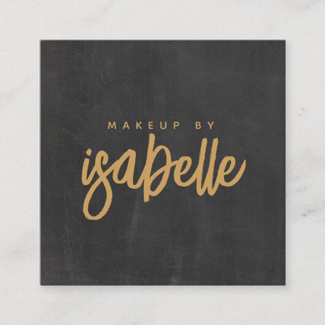 Minimalist Makeup Artist Gold Script Black Square Business Card (Front)