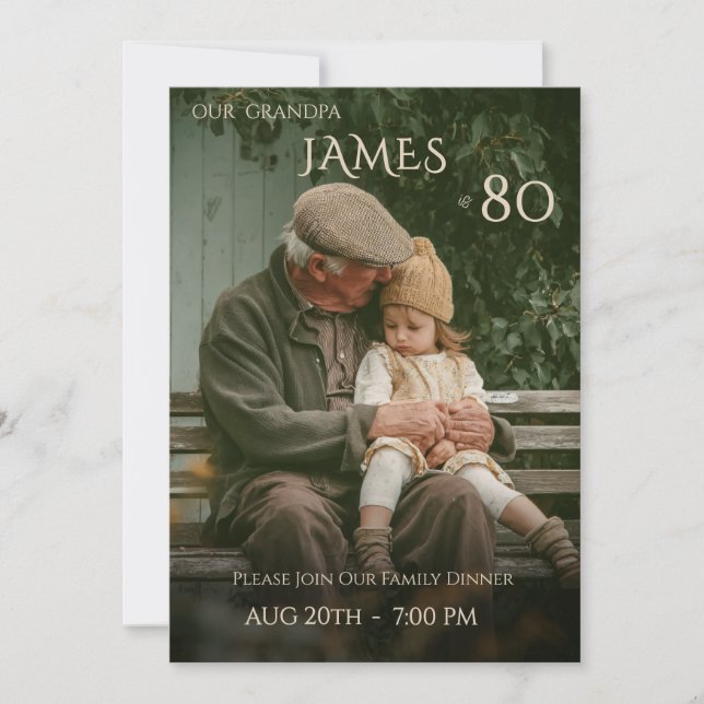 Minimalist Male Family Photo 80th Birthday  Invitation (Front)
