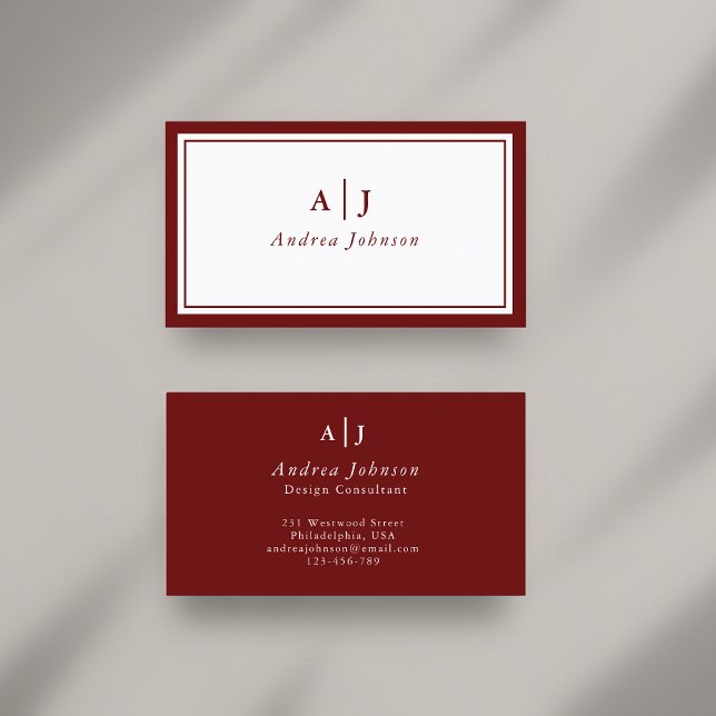 Minimalist Maroon Red Two Border Monogram Business Card (Creator Uploaded)