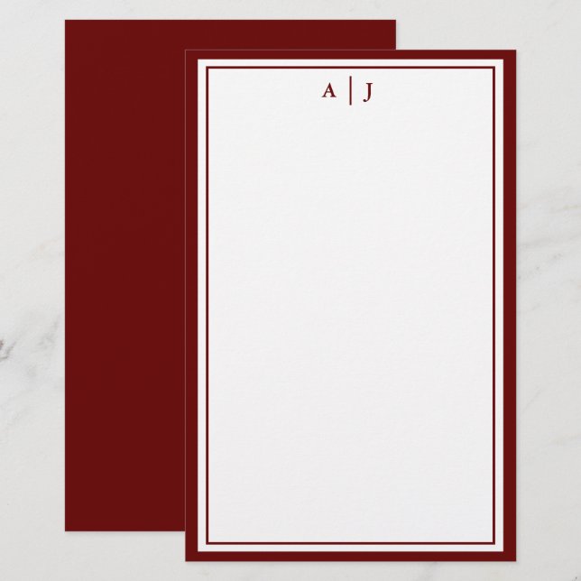Minimalist Maroon Red Two Border Monogram Stationery (Front/Back)