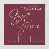 Minimalist Maroon Rose Gold Typography Sweet 16