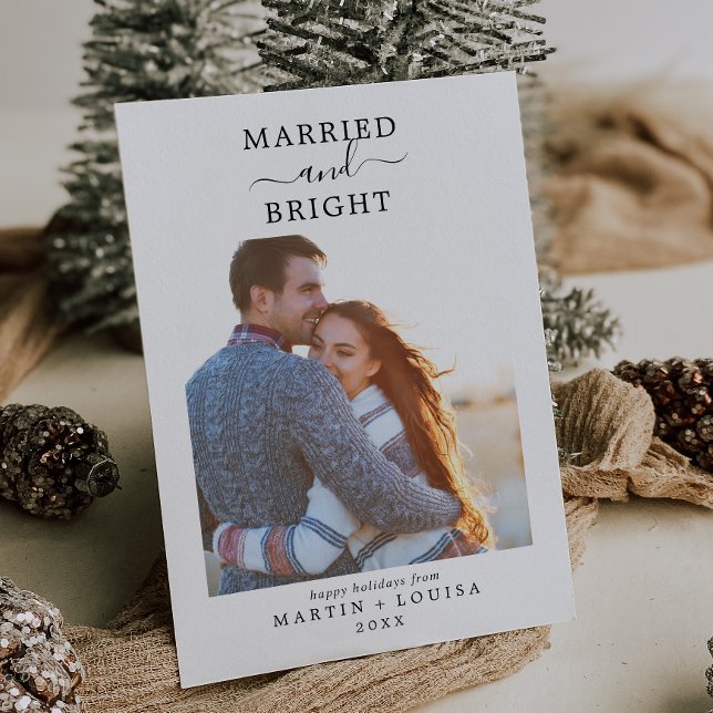 Minimalist Married and Bright Newlywed Photo Holiday Card (Creator Uploaded)