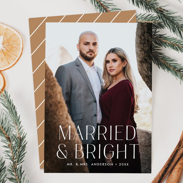 Minimalist Married and Bright Sand Beige Photo Holiday Card (Creator Uploaded)
