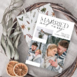 Minimalist Married and Merry Newlywed Photo Holiday Card<br><div class="desc">Introducing our stunning new Minimalist Married and Merry Newlywed Photo Holiday Card: a modern design featuring elegant typography and three cherished wedding photos, in classic black and white. The minimalistic front is complemented by a warm, festive watercolor botanical pattern on the back, showcasing pine greenery, eucalyptus, pine cones, cinnamon, and...</div>