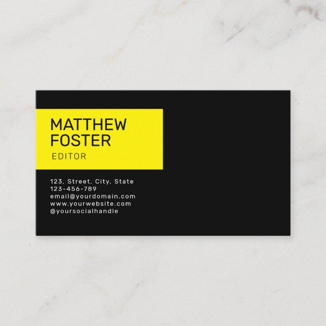 Minimalist Masculine Black Yellow Custom QR code  Business Card (Front)
