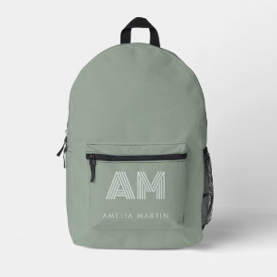 Minimalist Matcha Sage Green Custom Monogram  Printed Backpack