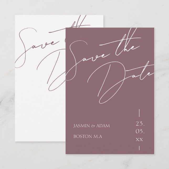Minimalist Mauve Purple Script Typography Wedding Save The Date (Front/Back)