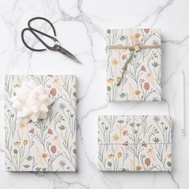 Minimalist Meadowcore Abstract Wildflowers Wrapping Paper Sheet (Front)
