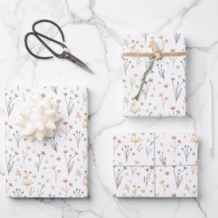 Minimalist Meadowcore Neutral Wildflowers Pattern Wrapping Paper Sheet