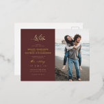 Minimalist Merlot Red & Sepia Branch Wedding Photo Foil Invitation Postcard<br><div class="desc">This minimalist wedding design is perfect for that modern couple looking for something unique. This foil postcard invitation features a watercolor branch in sepia/gold hues with gorgeous modern typography underneath and your own custom photo on the right-hand side against a beautiful merlot red background. On the back, there is a...</div>