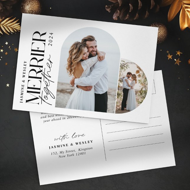 Minimalist Merrier Together Wedding Christmas Holiday Postcard (Creator Uploaded)