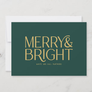 Minimalist Merry and Bright Business Green Gold Holiday Card