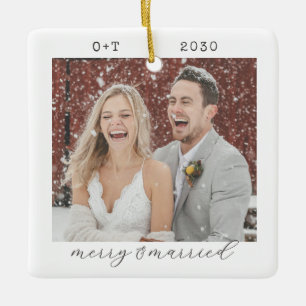 Minimalist Merry And Married Christmas 2 Photo Ceramic Ornament