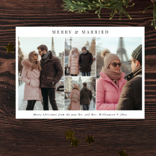 Minimalist Merry and Married Christmas 4 Photo Holiday Card