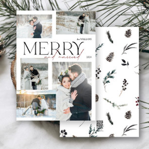 Minimalist Merry and Married Newlyweds 5 Photo Holiday Card