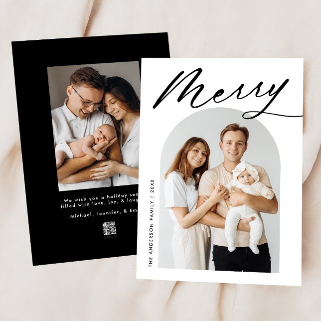 Minimalist Merry Black Script 2 Photo Holiday Card (Creator Uploaded)