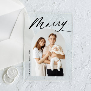 Minimalist Merry Black Script Arch Photo Holiday Acrylic Invitations