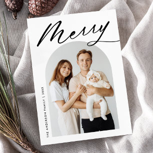 Minimalist Merry Black Script Arch Photo Holiday Card