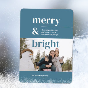 Minimalist Merry & Bright Blue Photo Holiday Card