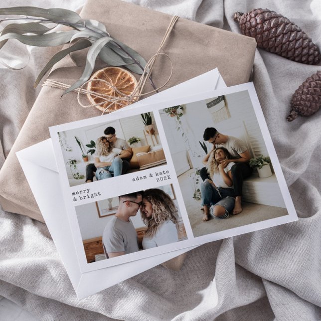 Minimalist Merry & Bright Holiday 3 Photo Card (Creator Uploaded)