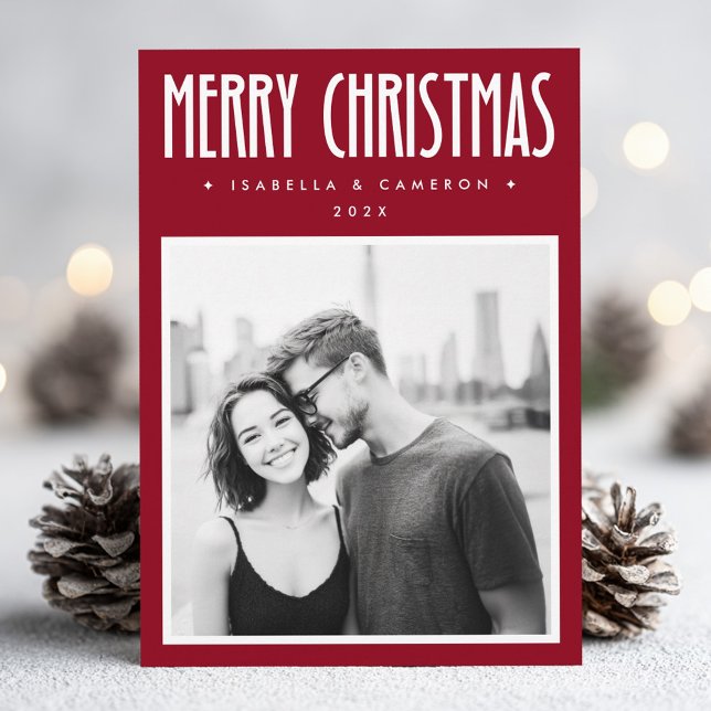 Minimalist Merry Christmas dark deep red photo Holiday Card (Minimalist Merry Christmas dark deep red photo Holiday Card)