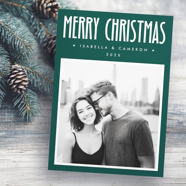 Minimalist Merry Christmas dark green photo Holiday Card (Minimalist Merry Christmas dark green photo Holiday Card)