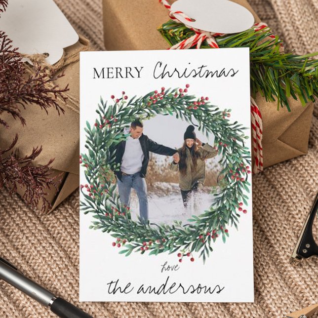 Minimalist Merry Christmas Leaves Wreath Photo Holiday Card (Creator Uploaded)