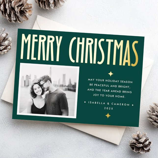 Minimalist Merry Christmas modern retro dark green (Minimalist Merry Christmas modern retro dark green Foil Holiday Card)