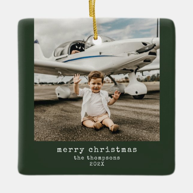 Minimalist Merry Christmas Personalised Photo  Ceramic Ornament (Front)