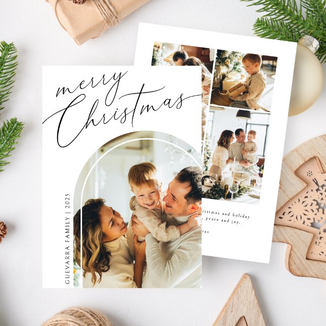 Minimalist Merry Christmas Script Five Photo Holiday Card (Creator Uploaded)