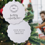 Minimalist Merry Christmas Script Logo Company Tree Decoration Card<br><div class="desc">Minimalist Merry Christmas Script Logo Company. A handy all-in-one ornament and card, with your business logo and Merry Christmas in a set stylish script. and your greetings on the back, ready for your recipients to hang from their christmas tree. You can also change text and background Colours if you wish...</div>
