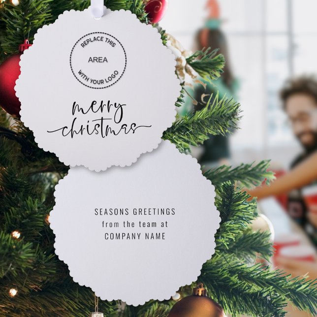 Minimalist Merry Christmas Script Logo Company Tree Decoration Card (Front and back view)