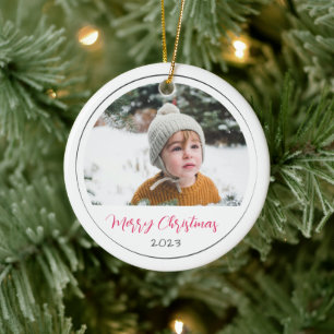 Minimalist Merry Christmas Script Photo Ceramic Tree Decoration