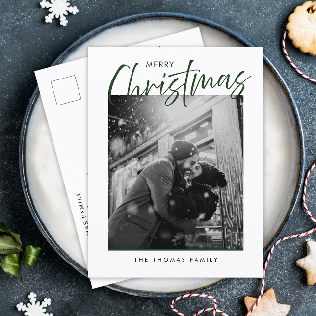Minimalist Merry Christmas Simple Green Photo  Holiday Postcard (Creator Uploaded)