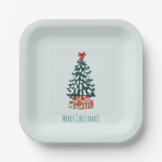 Minimalist Merry Christmas Snowy Tree Paper Plate