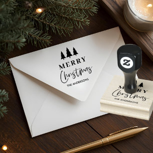 Minimalist Merry Christmas Tree Personalized Rubber Stamp