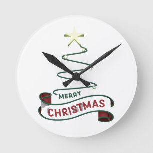 Minimalist Merry Christmas Tree with Star Design Round Clock