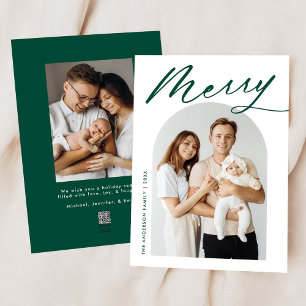 Minimalist Merry Green Script 2 Photo Holiday Card