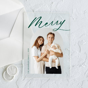 Minimalist Merry Green Script Arch Photo Holiday Acrylic Invitations