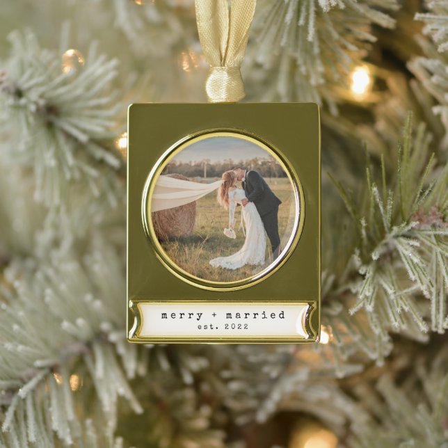 Minimalist Merry & Married First Christmas  Gold Plated Banner Ornament (Tree)