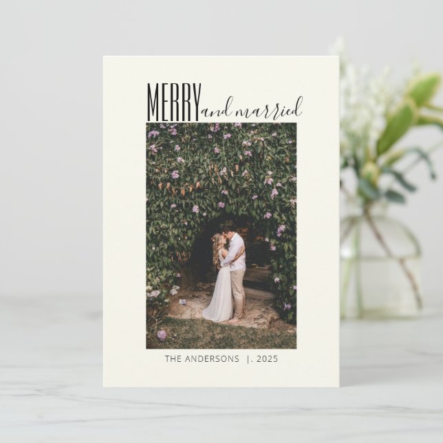 Minimalist Merry Married Wedding Photo Christmas Holiday Card (Standing Front)