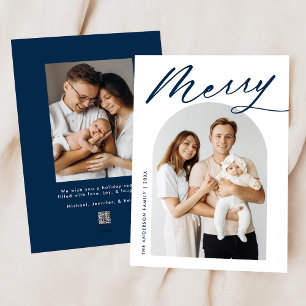 Minimalist Merry Navy Script 2 Photo Holiday Card